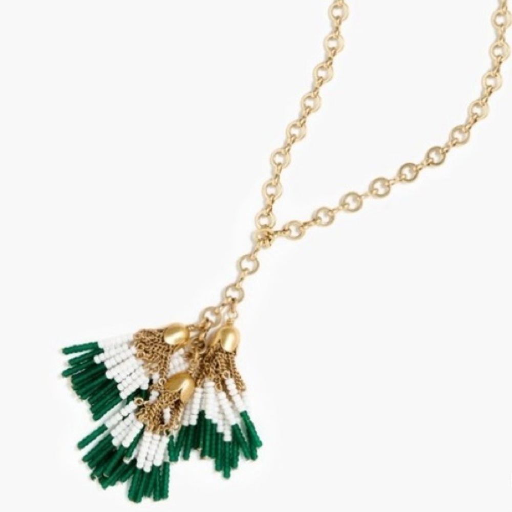 J.Crew long gold necklace With green and white Color beaded tassels